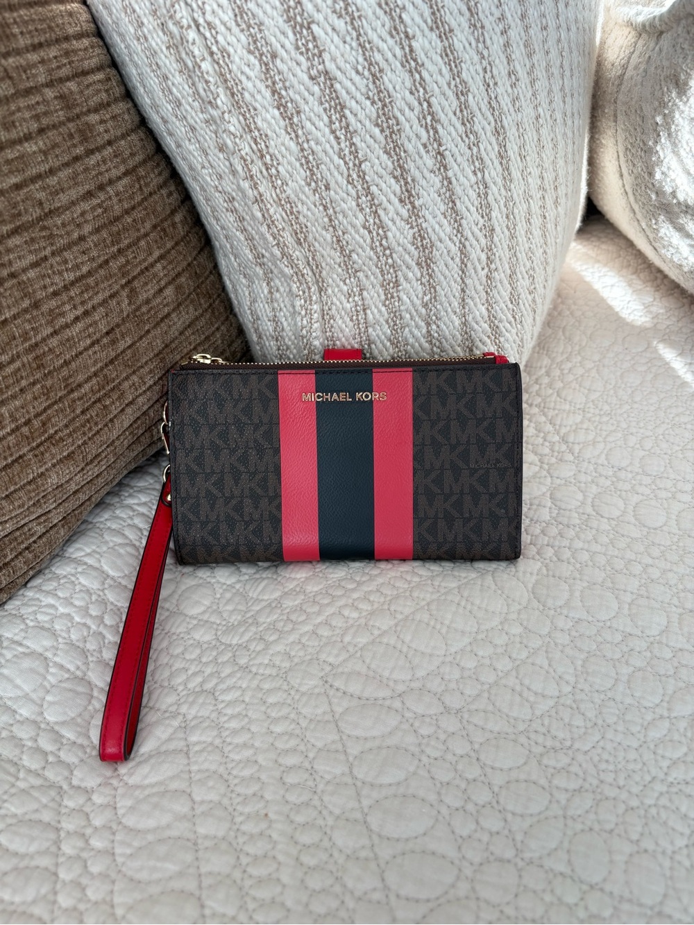 Michael Kors Brown Signature Wristlet with Red & Black Stripes